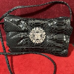 IMAN‎ Ruffle Clutch Black Purse Shoulder strap  Rhinestones Snap excellent